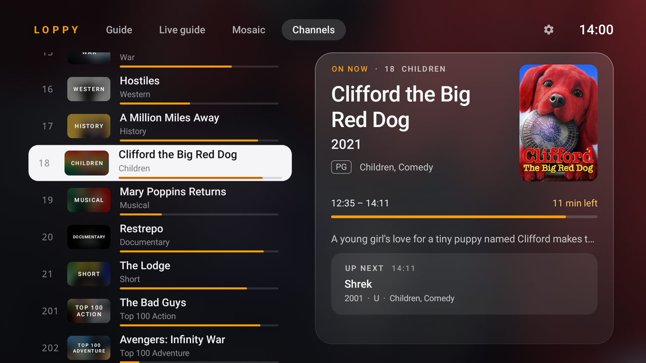 The Channels layout: a list of channels, with Clifford the Big Red Dog’s details beside it.