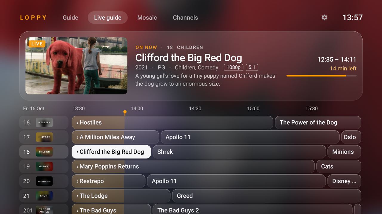 The Live guide, with channel 18 playing in the corner above the grid.