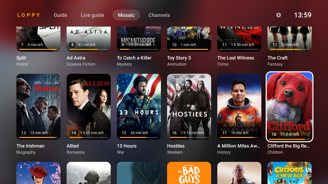 The Mosaic layout: film posters for what’s on each channel.