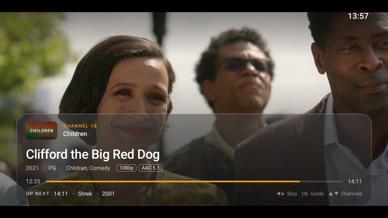 Watching full screen, with the banner showing channel 18, the film’s details, 1080p and AAC 5.1, and Shrek up next.