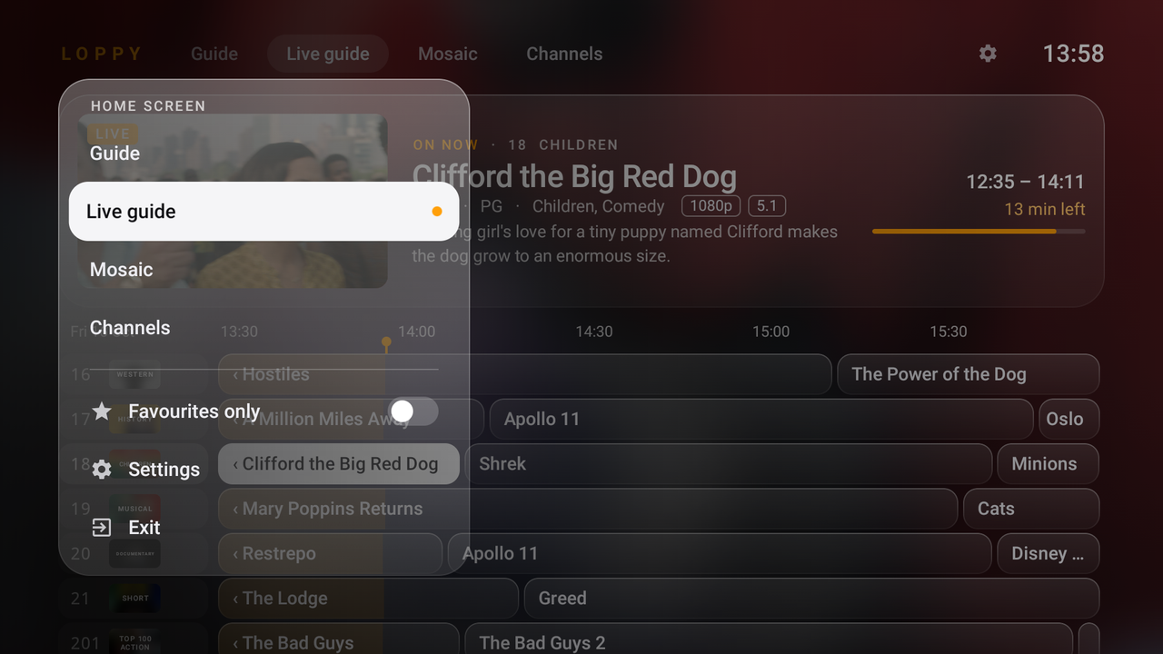 The quick menu over the Live guide: Guide, Live guide, Mosaic, Channels, Favourites only, Settings and Exit.